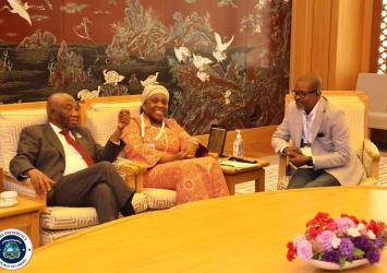 President Boakai (left) with Foreign Minister Sara Beysolow Nyanti (center) and Senator Abraham Darius Dillon, the Chairman of the Senate Foreign Affairs Committee.