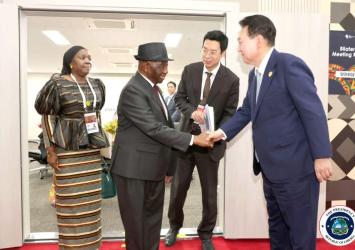 His Excellency Joseph Nyuma Boakai, Sr., President of the Republic of Liberia, and His Excellency Yool Suk Yeol, President of the Republic of South Korea, shake hands before a meeting in Seoul on the sidelines of the Korea-Africa Summit 2024.