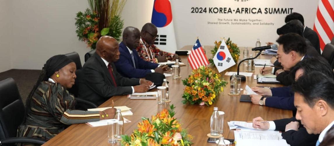 His Excellency Joseph Nyuma Boakai, Sr. (second from left), President of the Republic of Liberia, and his delegation engaged in bilateral discussions with His Excellency Yool Suk Yeol, President of the Republic of South Korea, in Seoul, on the sidelines of the Korea-Africa Summit 2024.